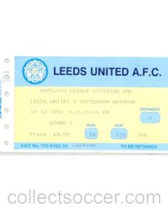 Leeds United v Tottenham Hotspur ticket 14/12/1991