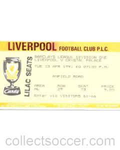 Liverpool v Crystal Palace ticket 23/04/1991