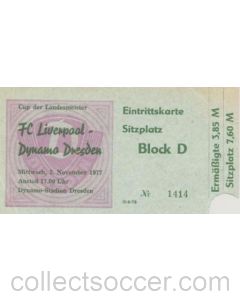 Dynamo Dresden, East Germany v Liverpool ticket 02/11/1977