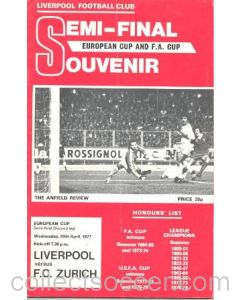 1977 Liverpool v Zurich official programme 20/04/1977 European Cup Semi-Final