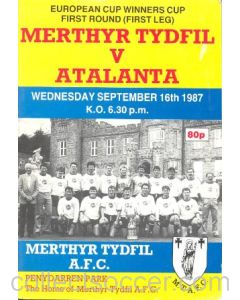 1987 Merthyr Tydfil v Atlanta European Cup Winners Cup First Round First Leg official programme 16/09/1987