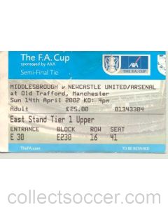 Middlesbrough v Newcastle United or Arsenal ticket 14/04/2002