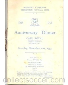 Middlesex Wanderers Anniversary Dinner Menu 21/11/1953