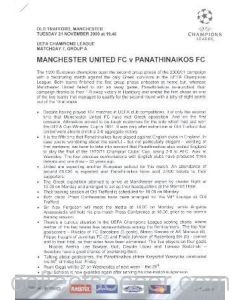 Manchester United v Panatinaikos press pack 21/11/2000