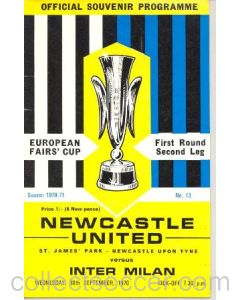 1970 Newcastle United v Inter Milan European Fairs' Cup First Round Second Leg official programme 30/09/1970