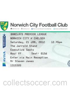 Norwich City v Chelsea used ticket 21/01/2012 Premier League
