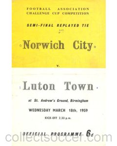 1959 F.A. Cup Semi-Final Norwich City v Luton Town official programme 18/03/1959