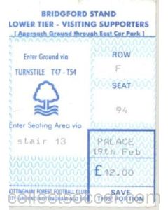 Nottingham Forest v Crystal Palace ticket 19/02/1994