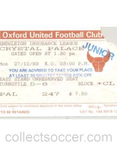 Oxford United v Crystal Palace ticket 27/12/1993