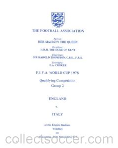 1977 England v Italy programme of arrangements Royal Box