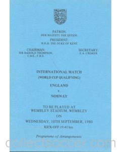 1980 England v Norway programme of arrangements Royal Box
