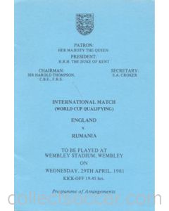 1981 England v Rumania programme of arrangements Royal Box
