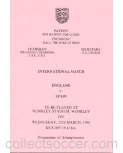 1981 England v Spain programme of arrangements Royal Box