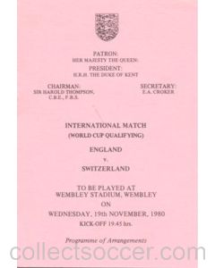 1980 England v Switzerland programme of arrangements Royal Box