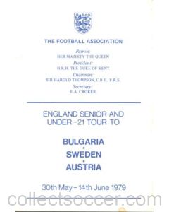 1979 England Senior & U21 Tour to Bulgaria, Sweden and Austria programme of arrangements Royal Box