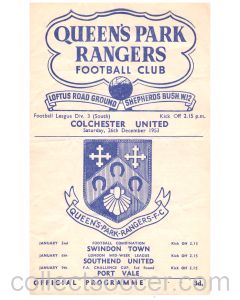 Queen's Park Rangers v Colchester United Football Program in mint condition for the match played on the 21st December 1953.