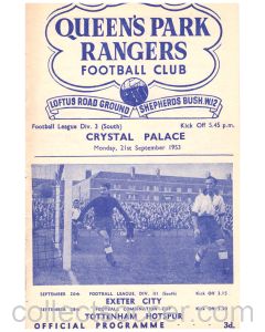 Queen's Park Rangers v Crystal Palace Football Programme for the match played on the 21st September 1953 in mint condition.
