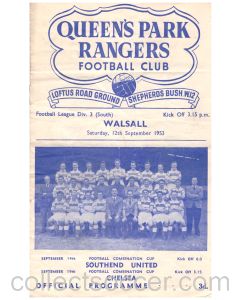 Queen's Park Rangers v Walsall Football Programme from the match played on the 12th September 1953.