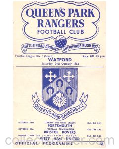 Queen's Park Rangers v Watford Football Programme for the match played on the 24th October 1953 in mint condition.