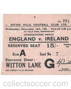 1951 England v Ireland Ticket at Aston Villa