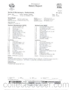 2006 Serbia & Montenegro v Netherlands Match Report sheet 11/06/2006 FIFA World Cup Germany 2006