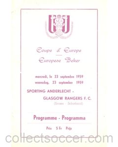 1959 Sporting Anderlecht v Glasgow Rangers official programme 23/09/1959 very rare and in very good condition