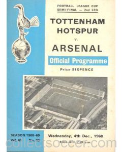 1968 League Cup Semi-Final 2nd Leg Tottenham Hotspur v Arsenal official programme 04/12/1968