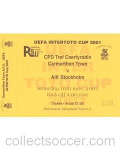 CPD Tref Caerfyrddin Carmarthen Town v AIK Stockholm ticket 16/06/2001