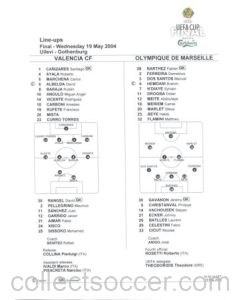 2004 UEFA Cup Final Valencia v Olympique de Marseille Line-Ups 19/05/2004