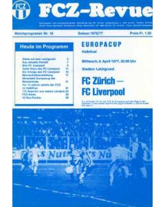 1977 FC Zurich V Liverpool Programme 06/04/1977