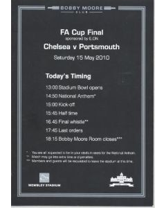 2010 F.A. Cup Final Chelsea v Portsmouth 15/05/2010 Bobby Moore Club menu