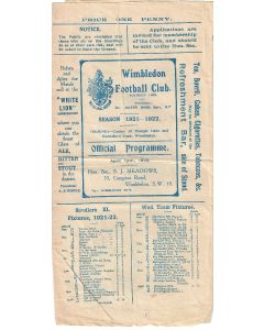 Wimbledon v South Bank 13/4/1922 Rare Friendly programme