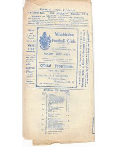 Wimbledon Reserves v City of London Police 9/4/1928 Official Programme