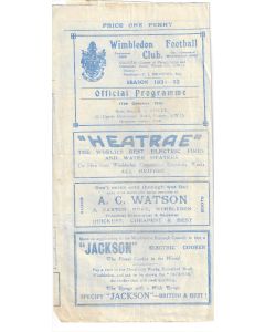Wimbledon v Nunhead Official Programme 17/10/1931