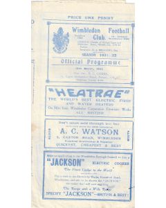 Wimbledon v Kingstonian  12/3/1932 LSC Official Programme