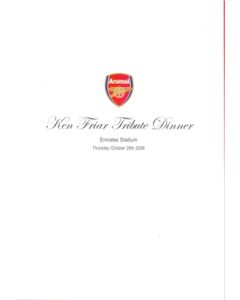 Arsenal Ken Friar Tribute Dinner menu, Emirate Stadium 26/10/2006