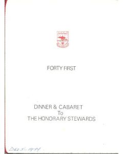Arsenal - 41st Dinner & Cabaret to The Honorary Stewards of Arsenal FC menu with ribbon 05/12/1977