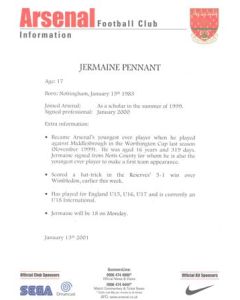 Arsenal v Chelsea information for the media about Jermaine Pennant 13/01/2001 Premier League