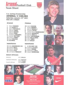 Arsenal v Chelsea official colour teamsheet 13/01/2001 Premier League