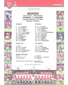 Arsenal v Chelsea official colour teamsheet 15/02/2004 F.A. Cup