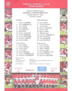 Arsenal v Middlesbrough official colour printed teamsheet 26/04/2009