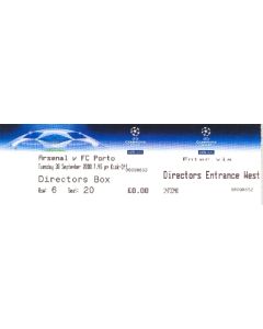 Arsenal v Porto Match Ticket for the Directors Box 30/09/2008