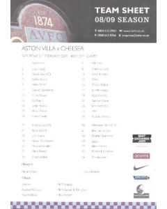 Aston Villa v Chelsea official colour printed teamsheet 21/02/2009
