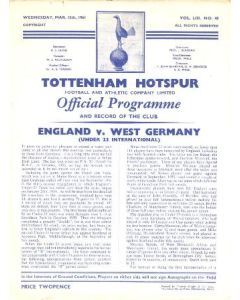 1961 England v West Germany U23 official programme 15/03/1961 at Tottenham Hotspur