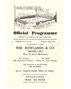 Bangor v Napoli 1st Round Cup Winners Cup Football Programme from the game played on the 5th September 1962.