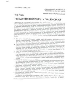 Bayern Munich v Valencia 2001 Champions League Final in Milan 23/05/2001 press pack without folder