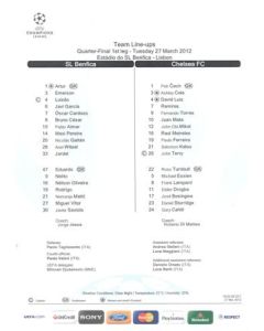 Benfica v Chelsea Team Line-Ups Teamsheet 27/03/2012 Champions League