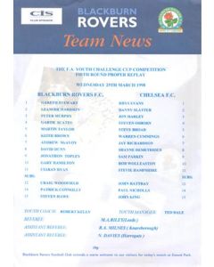 Blackburn Rovers v Chelsea official colour teamsheet 25/03/1998 F.A. Youth Challenge Cup