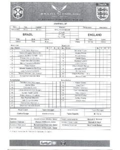 Brazil v England VIP teamsheet for match played in Quatar on 14/11/2009