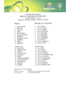 Brazil v Ireland official teamsheet 02/03/2010 Intarnational Friendly